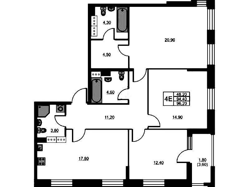 3-комнатная квартира 96.2 м², 13/13 эт., ЖК «Тайм Сквер»